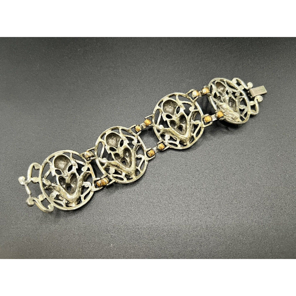 Unique Vtg Signed SELINI Art Drama Faces Masks Wide Panel Linked Silver Bracelet - Picture 5 of 6